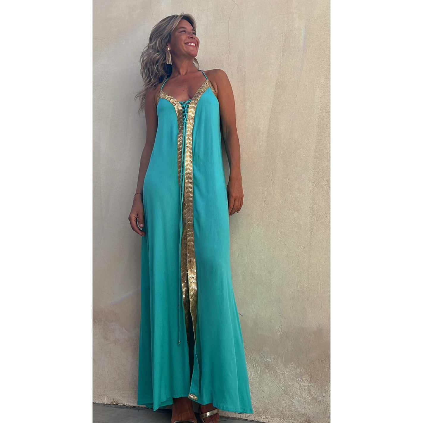 Elegant Lace-Up Halterneck Dress by Sophie Laurie