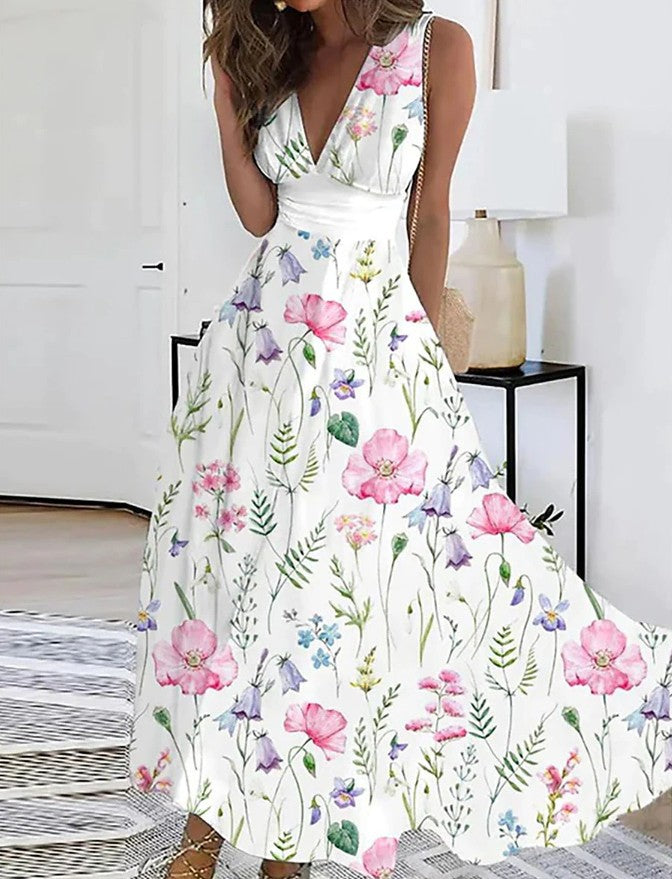 Floral V-Neck High Waist Dress by Sophie Laurie