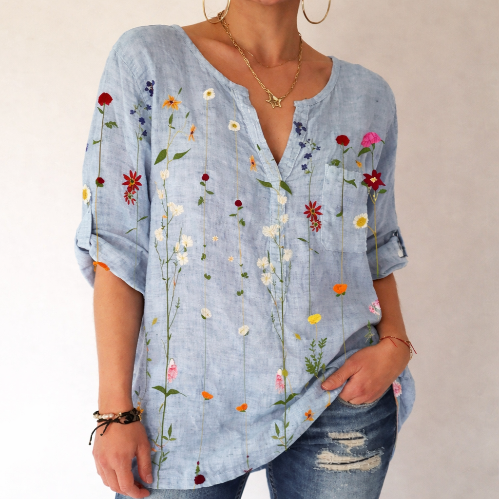 Printed V-Neck Cotton Blouse by Sophie Laurie