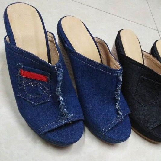 Chic Denim Wedge Sandals by Sophie Laurie
