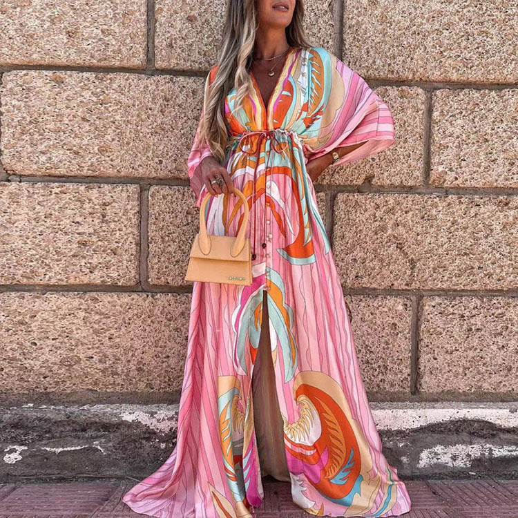 Vibrant V-Neck Lace-Up Maxi Dress by Sophie Laurie