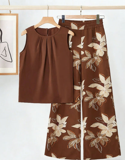 Womens Sleeveless Irregular Tank Top And Pants Fashionable Printed Two-Piece Set