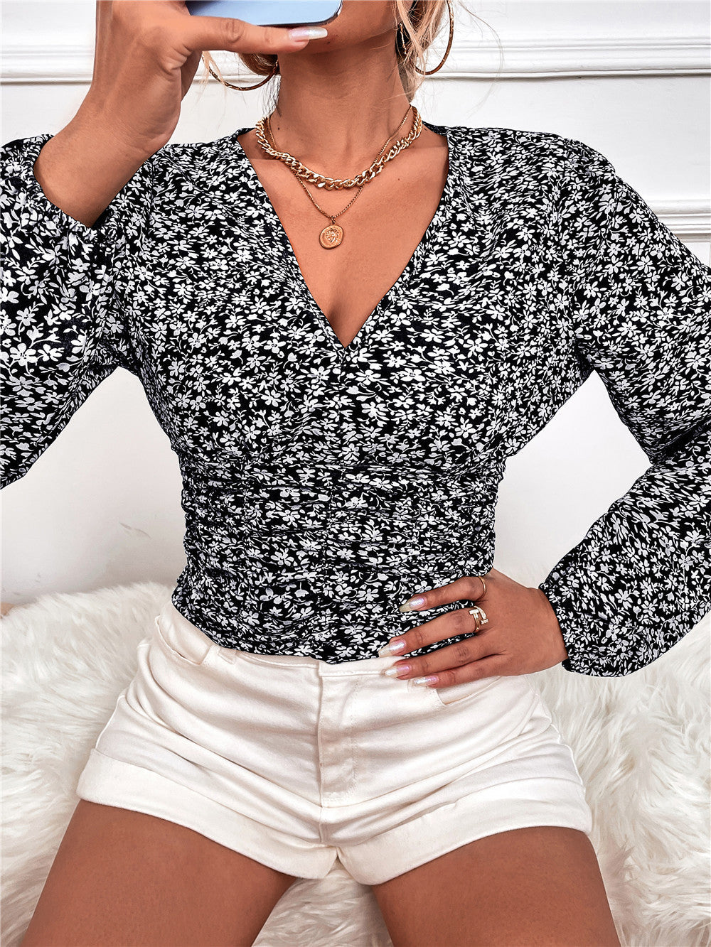 Chic Floral Long Sleeve V-Neck Top by Sophie Laurie