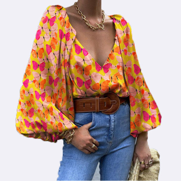 Retro Butterfly V-Neck Blouse by Sophie Laurie