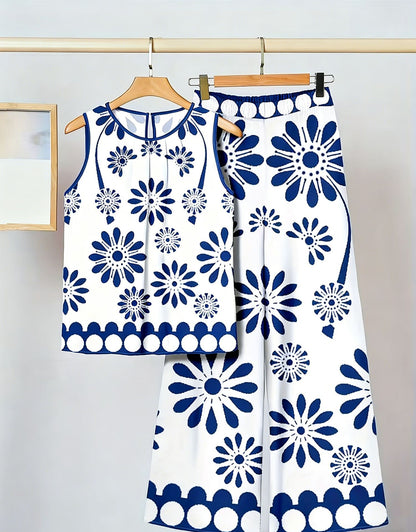 Womens Sleeveless Irregular Tank Top And Pants Fashionable Printed Two-Piece Set
