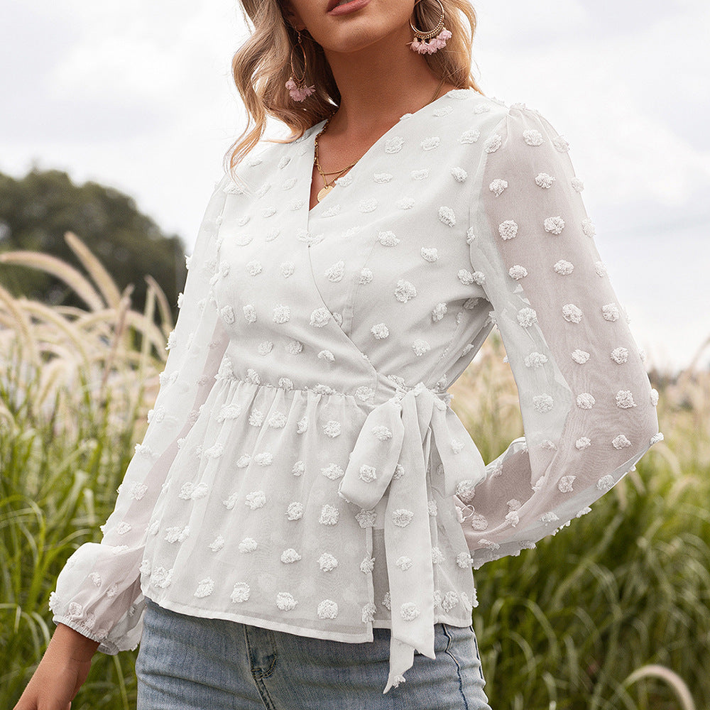 Elegant Jacquard V-Neck Blouse by Sophie Laurie