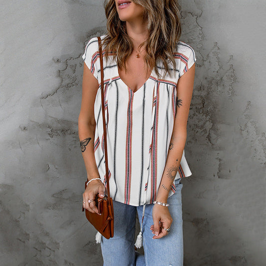 Striped V-Neck Chiffon Blouse by Sophie Laurie
