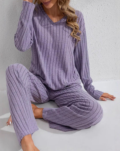 Ribbed Long-Sleeve Top And Pants Casual Comfortable Womens Loungewear Set