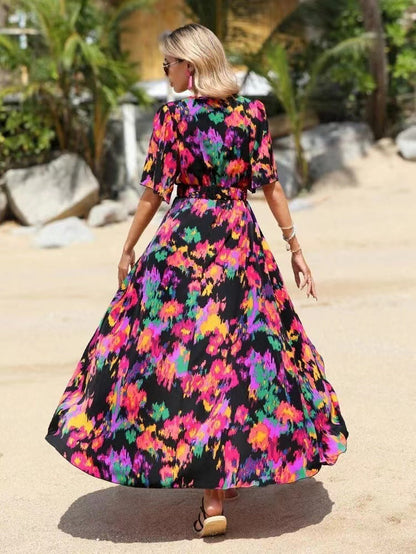 Vibrant Asymmetric V-Neck Dress by Sophie Laurie