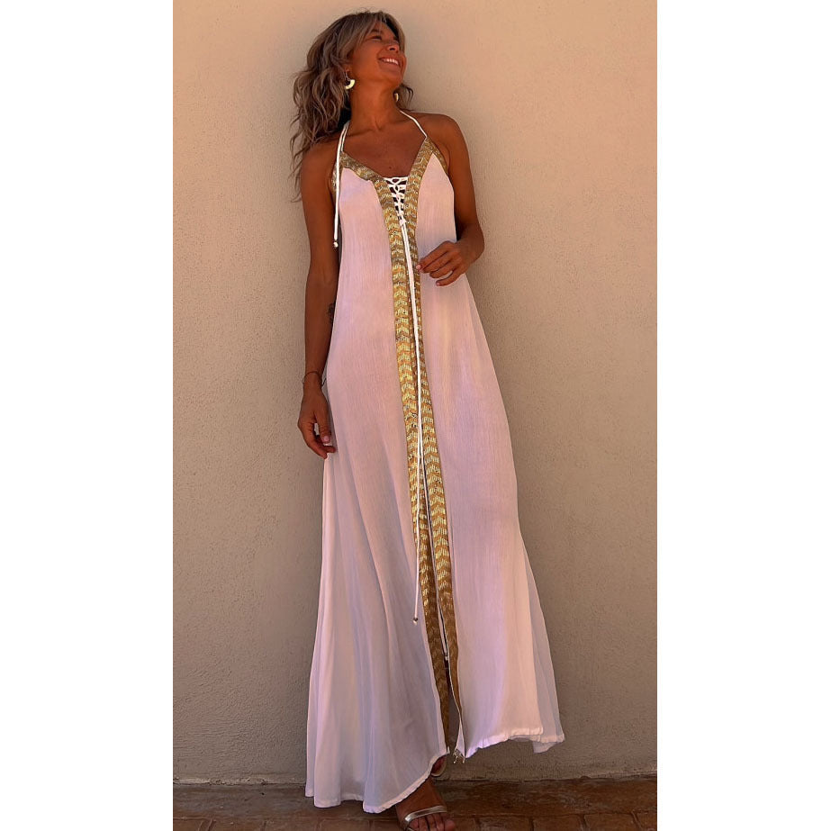 Elegant Lace-Up Halterneck Dress by Sophie Laurie