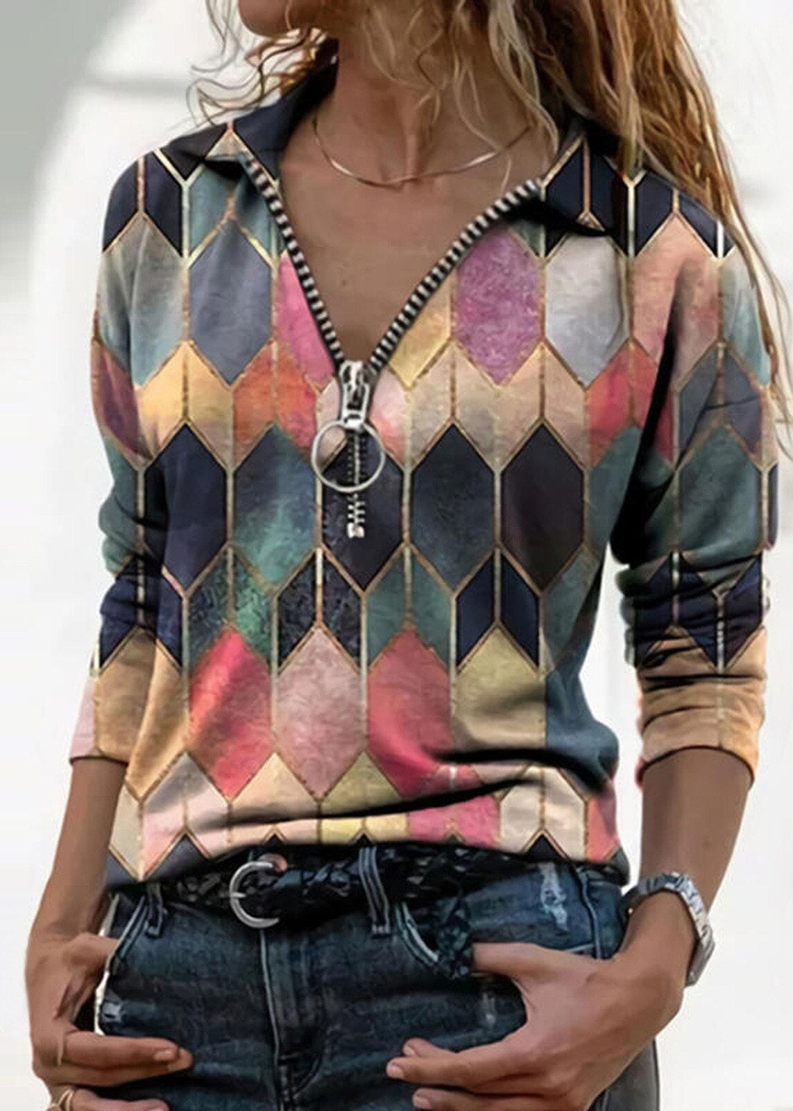 Colorful Zip V-Neck Top Sophie Laurie Perfect-Fit