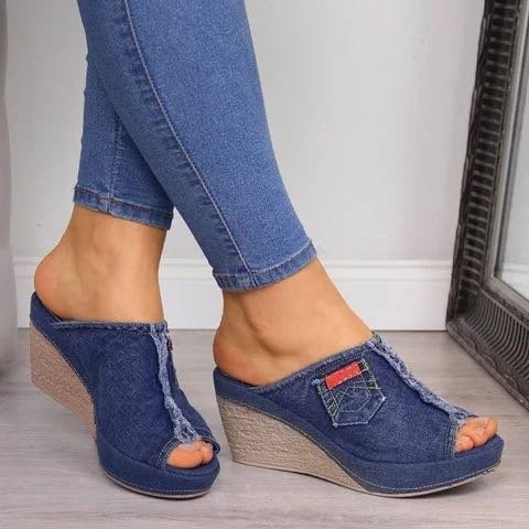 Chic Denim Wedge Sandals by Sophie Laurie