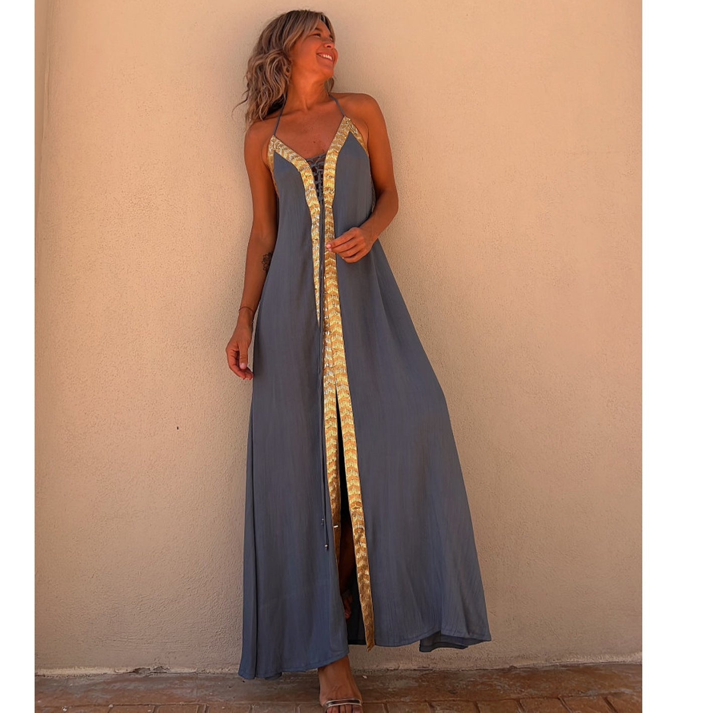 Elegant Lace-Up Halterneck Dress by Sophie Laurie