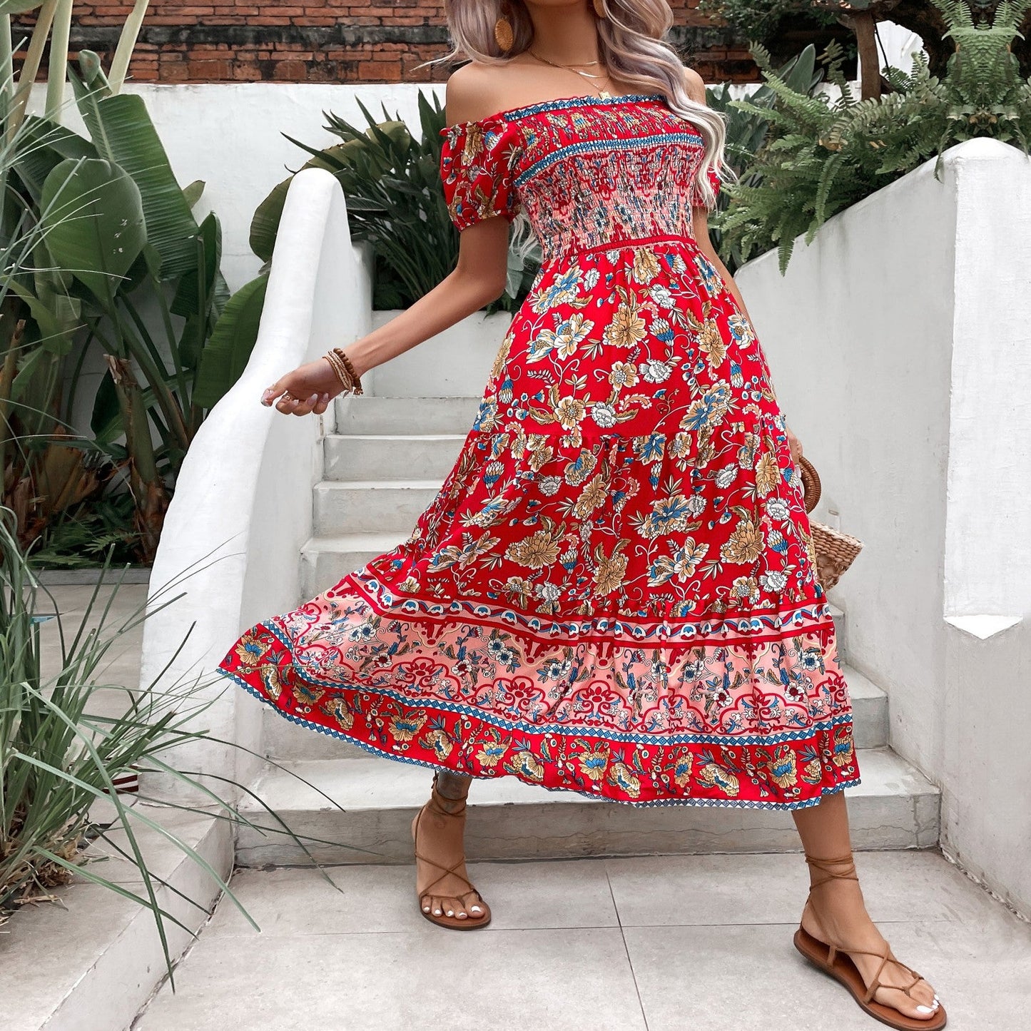 Boho Floral Sophie Laurie Off-Shoulder Midi Dress