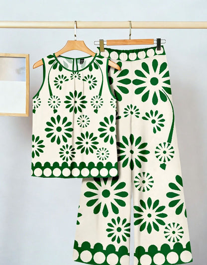 Womens Sleeveless Irregular Tank Top And Pants Fashionable Printed Two-Piece Set