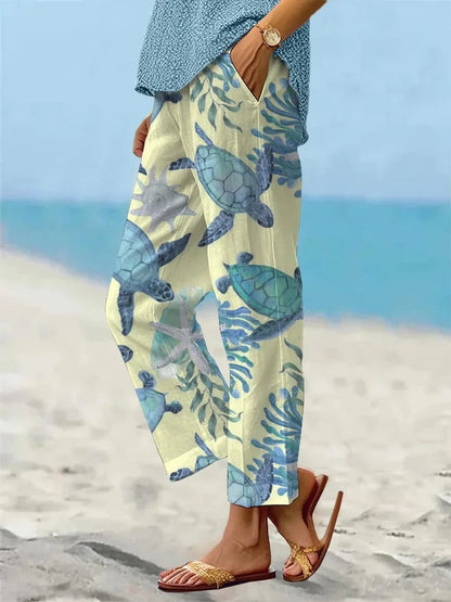 Sea Turtle Print Sophie Laurie Cropped Pants