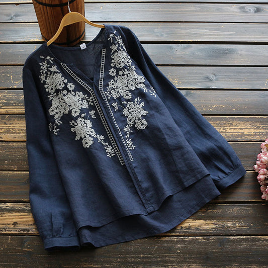 Vintage Embroidered Linen V-Neck Top by Sophie Laurie