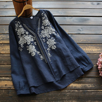 Vintage Embroidered Linen V-Neck Top by Sophie Laurie