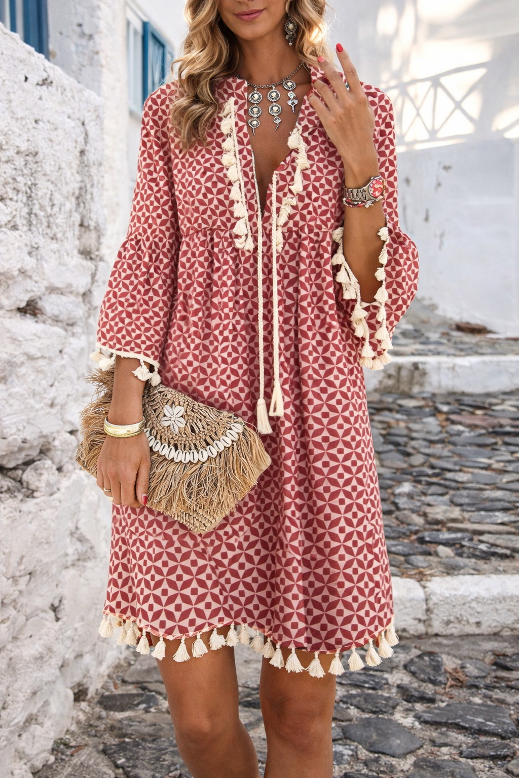 Boho Tassel V-Neck Dress by Sophie Laurie