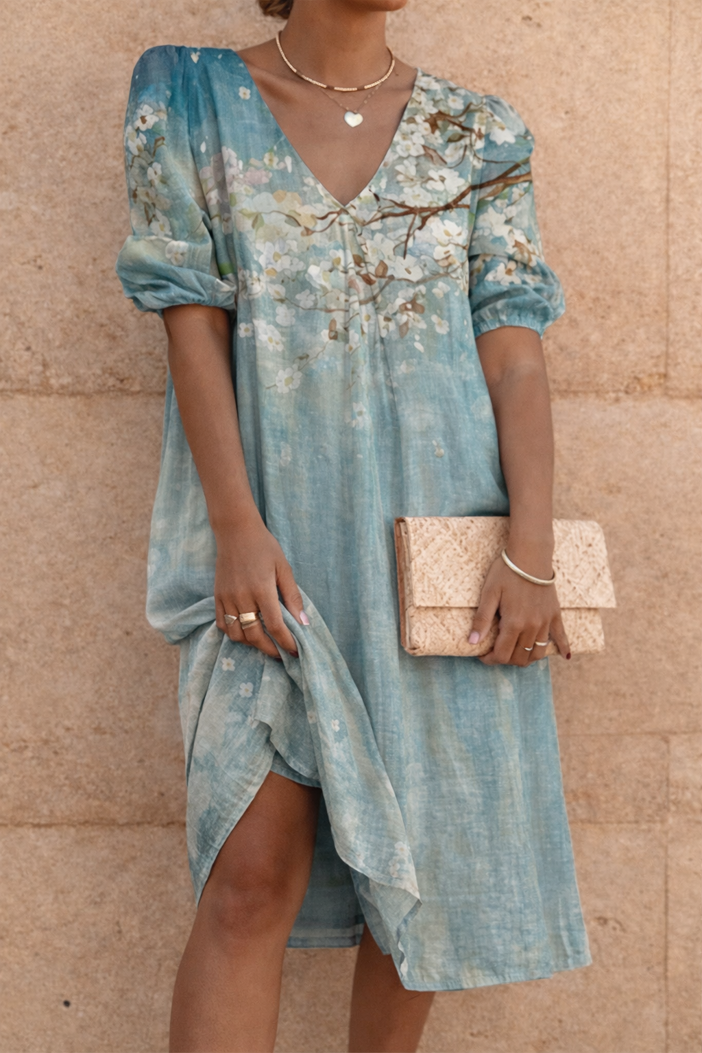 Floral V-Neck Mid-Length Dress by Sophie Laurie