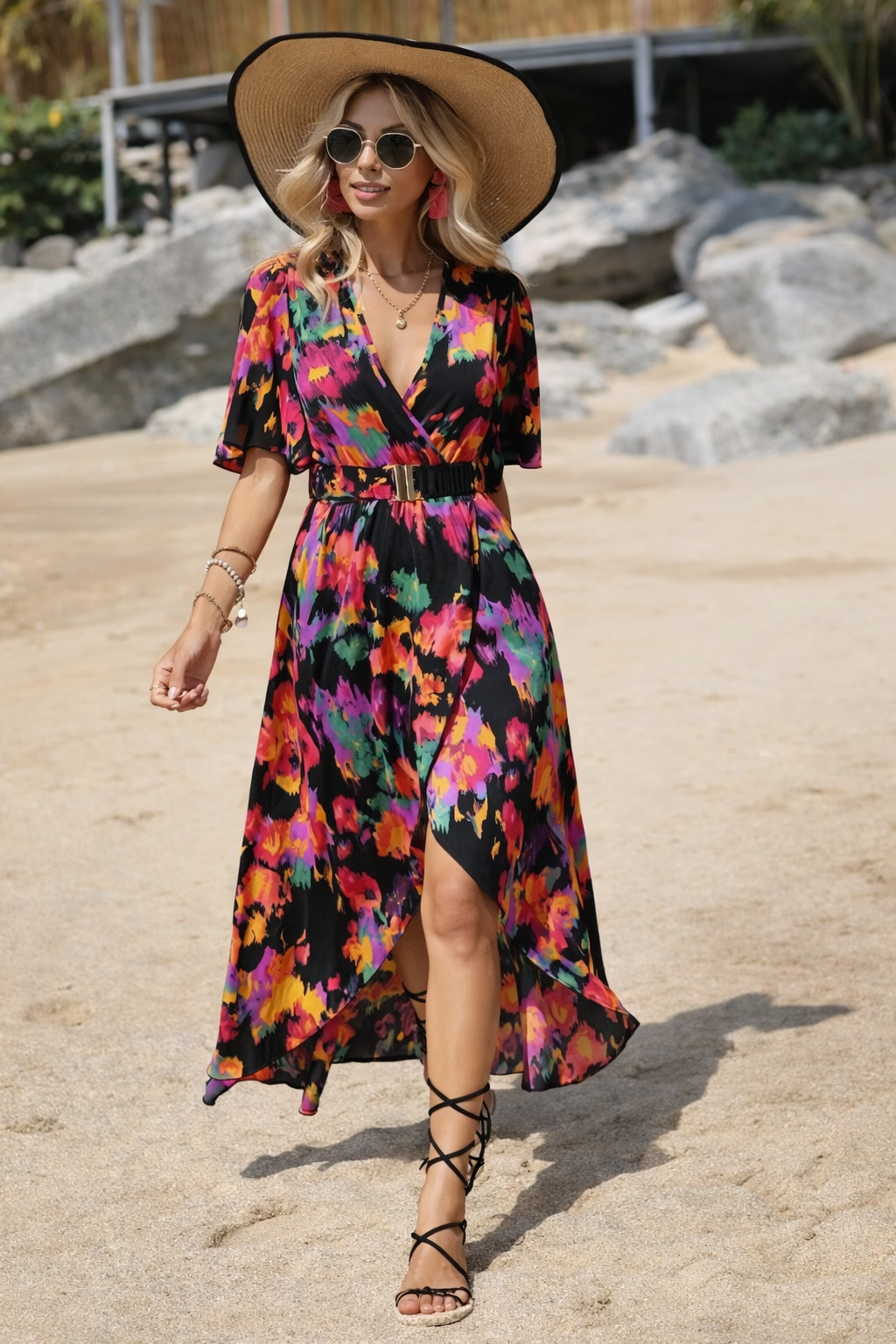 Vibrant Asymmetric V-Neck Dress by Sophie Laurie