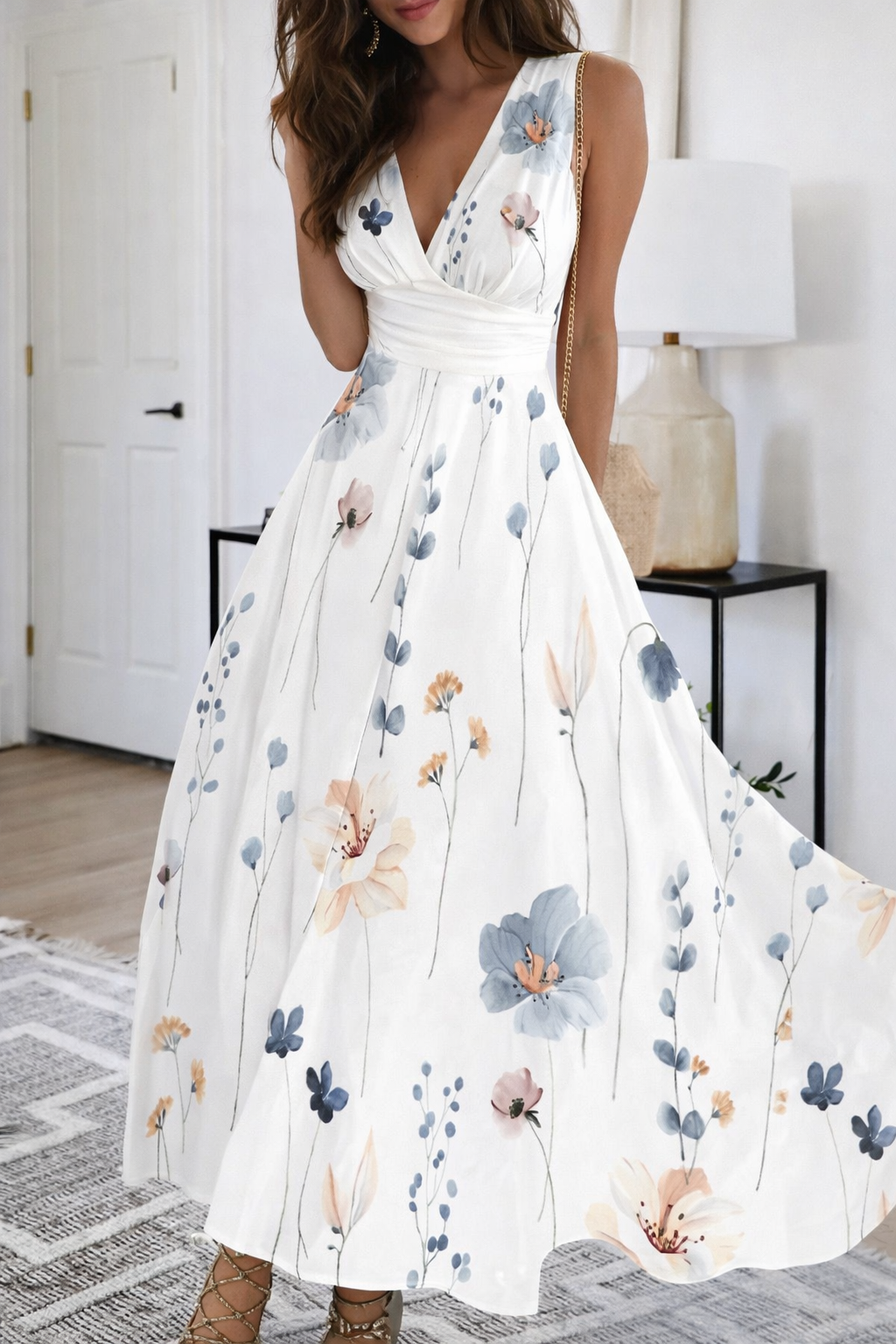 Floral V-Neck High Waist Dress by Sophie Laurie