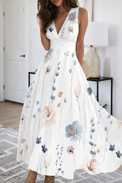 Floral V-Neck High Waist Dress by Sophie Laurie