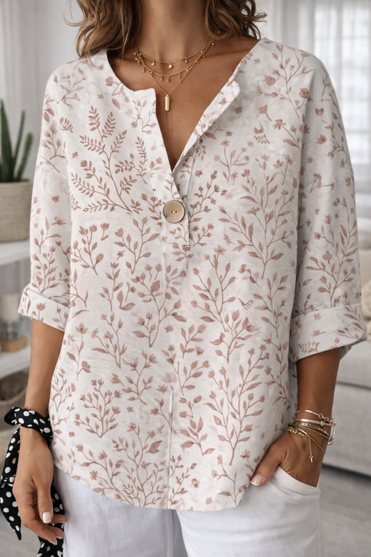 Floral Print Sophie Laurie Button V-Neck Casual Top