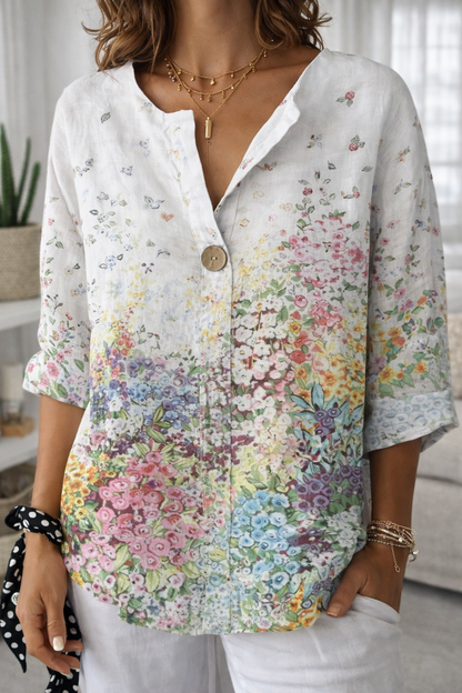 Floral Print Sophie Laurie Button V-Neck Casual Top