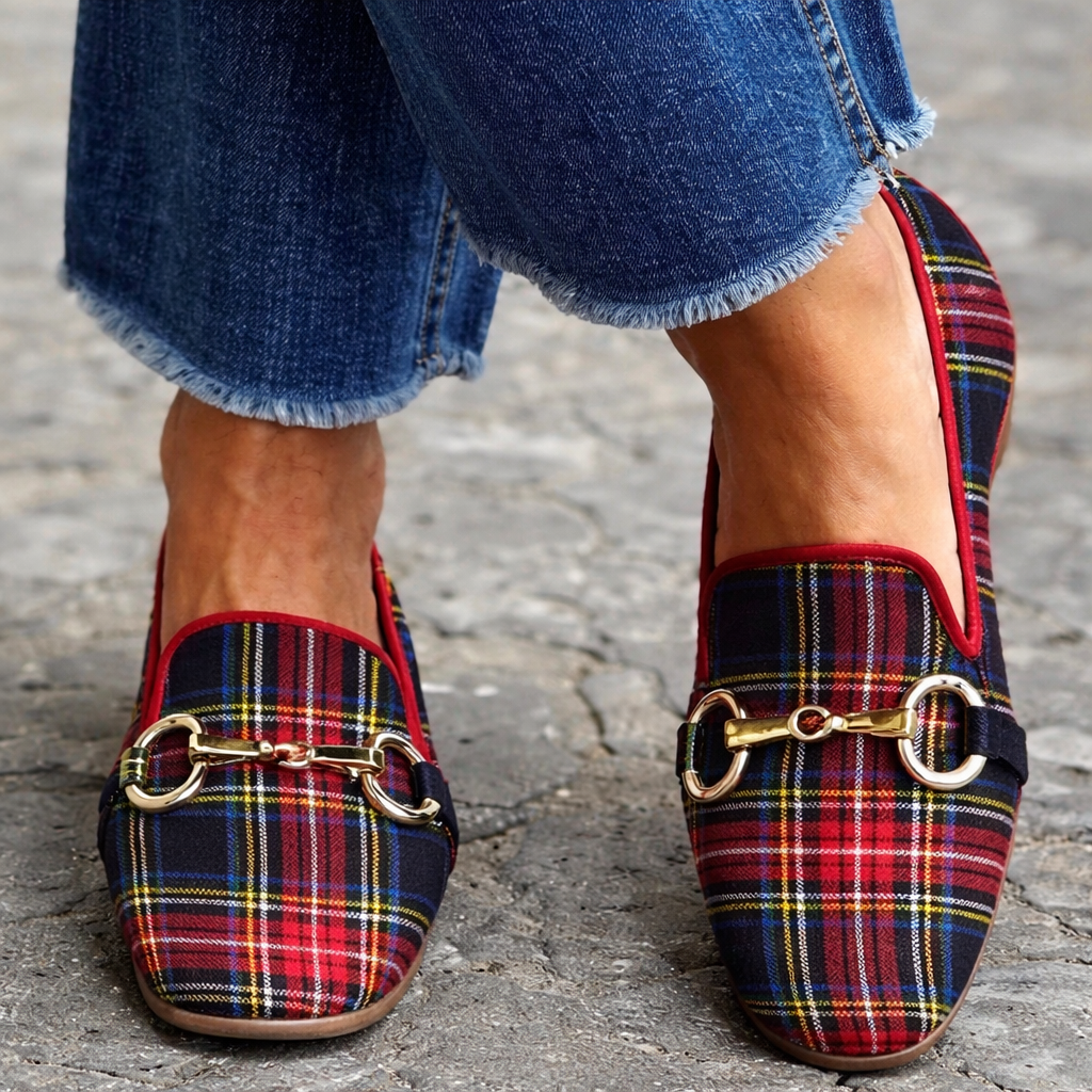 Plaid Flat Square-Toe Shoes by Sophie Laurie