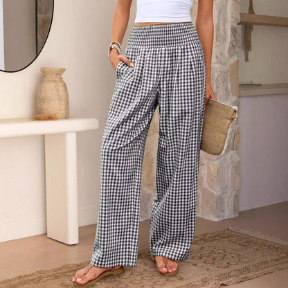 Plaid Casual Trousers Loose-fit Womens Fashion Wide-leg Pants With Pockets