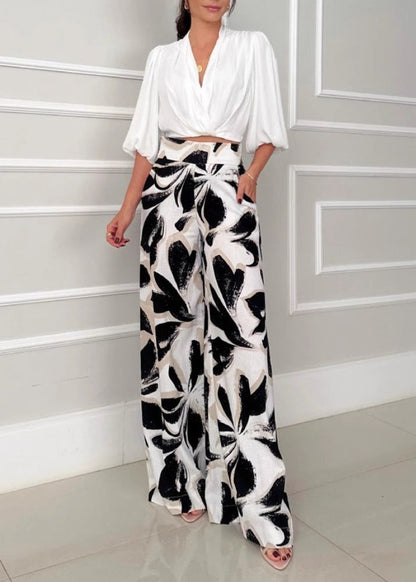 Socialite Womens Three-quarter-sleeve Fashionable Casual Wide-leg Pants Set