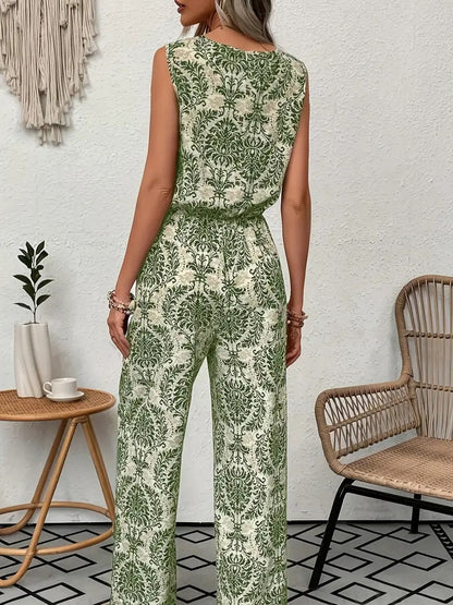 Womens Printed Sleeveless Top And Wide-Leg Pants Set