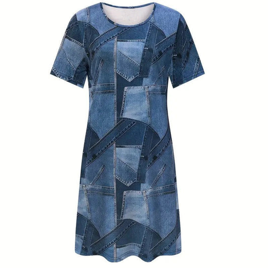 Chic Denim Print Sophie Laurie A-Line Summer Dress