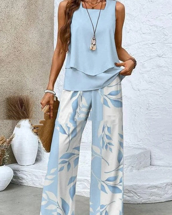 Print Suits Sleeveless Double-layer Vest And Loose Straight Pants Womens Clothing