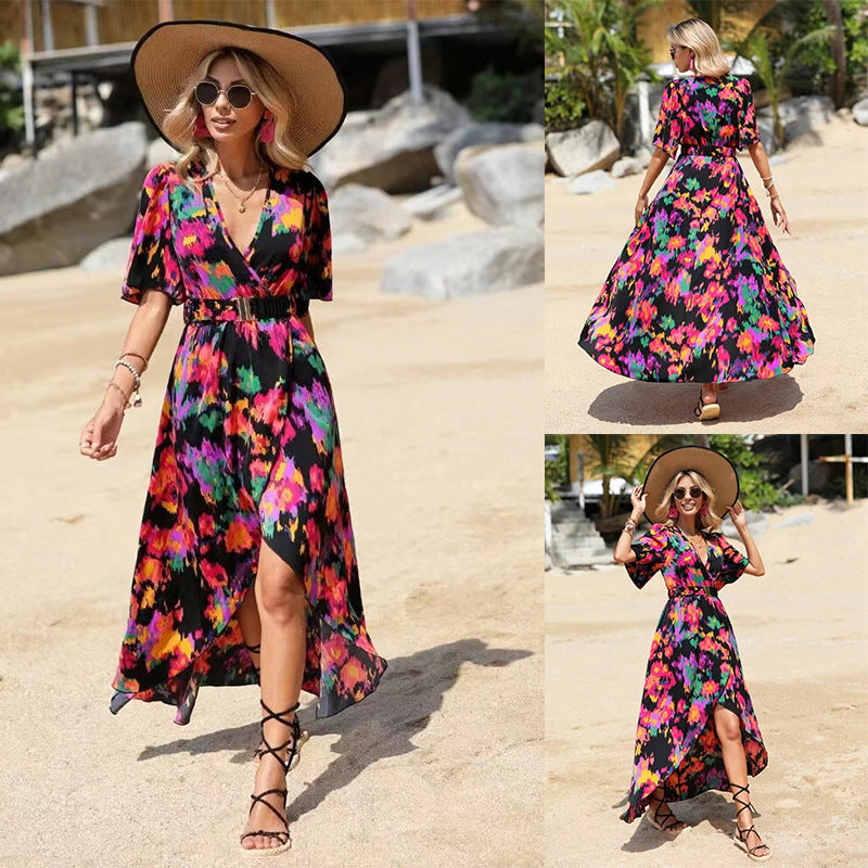Vibrant Asymmetric V-Neck Dress by Sophie Laurie