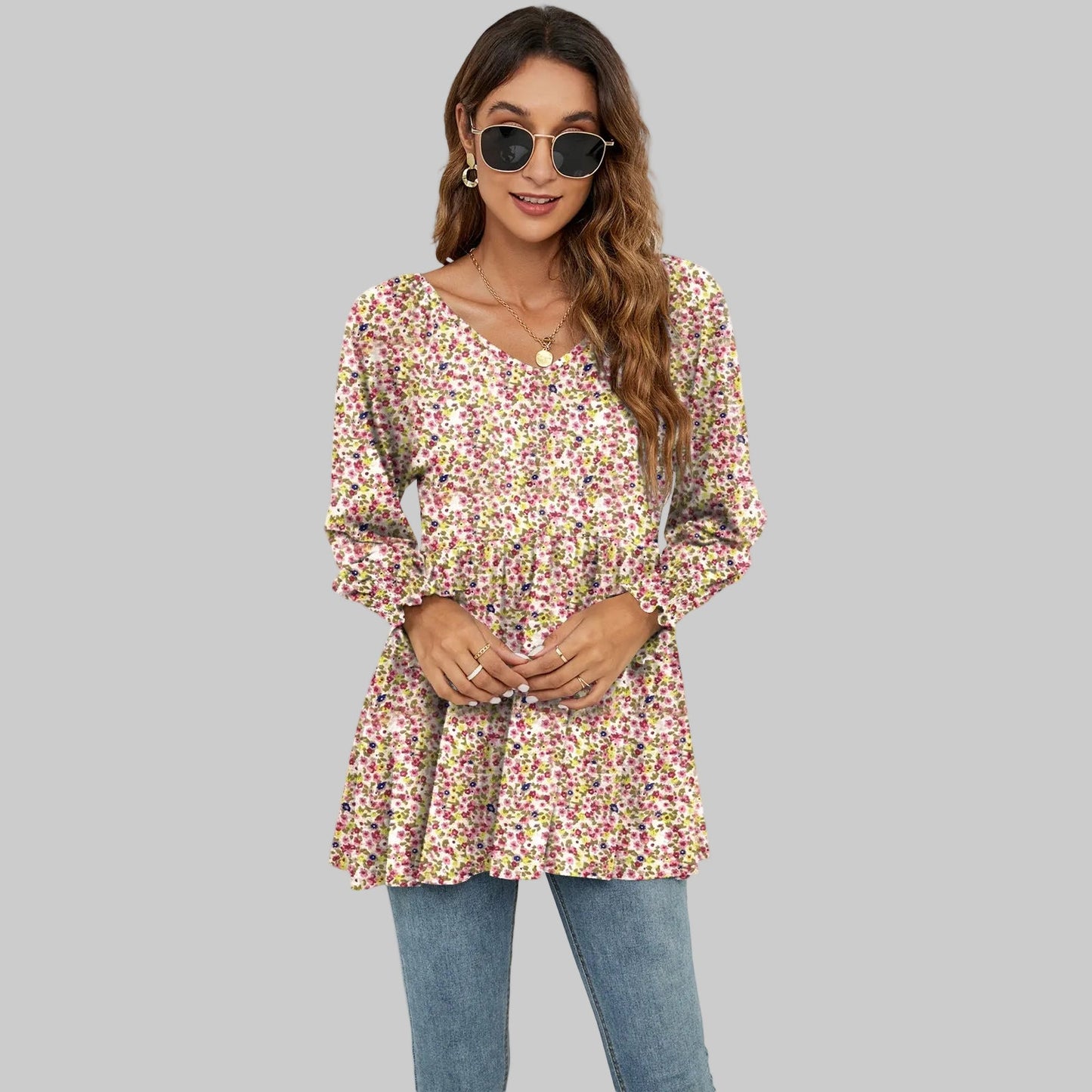 Floral Puff Sleeve V-Neck Top by Sophie Laurie