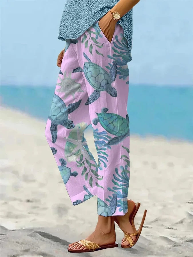 Sea Turtle Print Sophie Laurie Cropped Pants