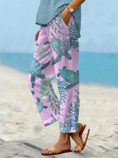 Sea Turtle Print Sophie Laurie Cropped Pants