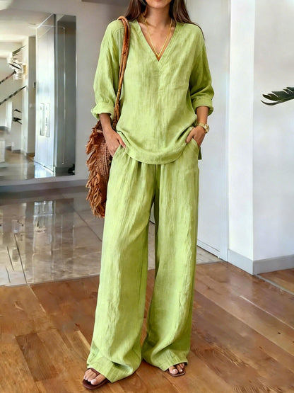 Womens Multi-color Cotton Long-sleeve Top And Pants Pre-washed
