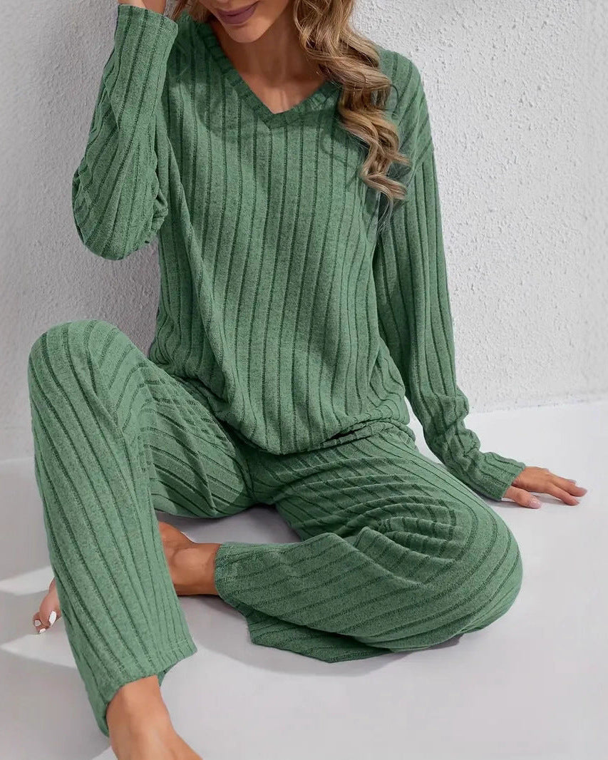 Ribbed Long-Sleeve Top And Pants Casual Comfortable Womens Loungewear Set