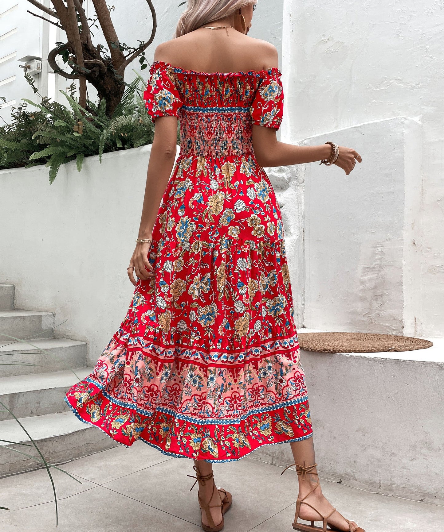 Boho Floral Sophie Laurie Off-Shoulder Midi Dress