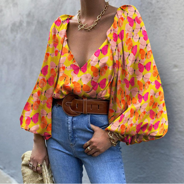 Retro Butterfly V-Neck Blouse by Sophie Laurie