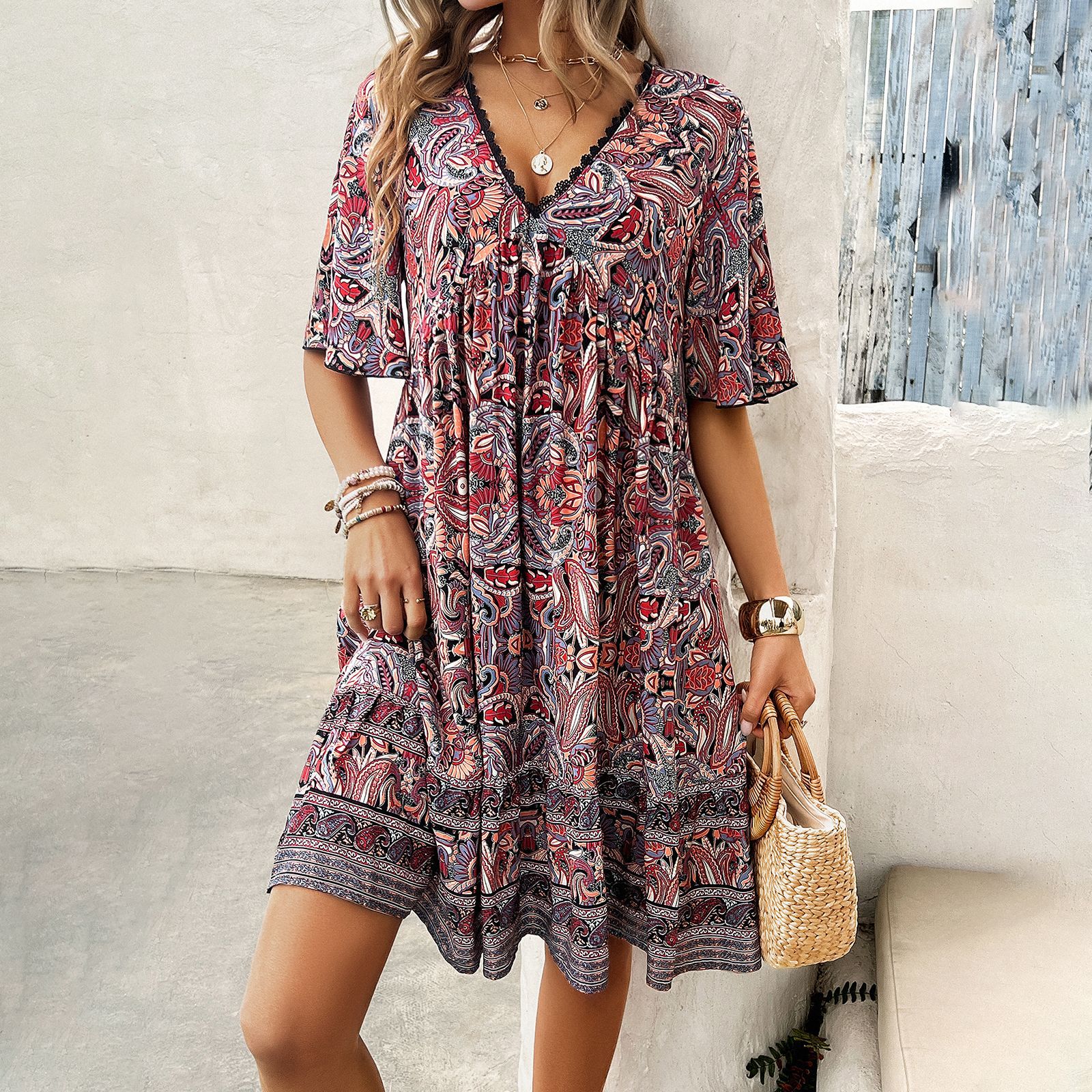 Boho Printed V-Neck Dress by Sophie Laurie