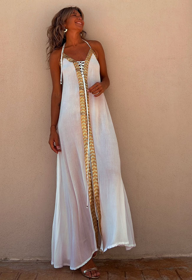 Elegant Lace-Up Halterneck Dress by Sophie Laurie