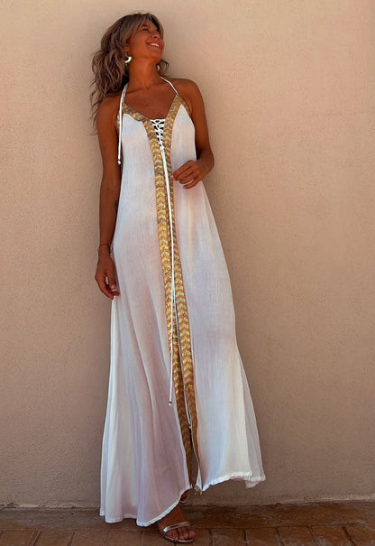 Elegant Lace-Up Halterneck Dress by Sophie Laurie