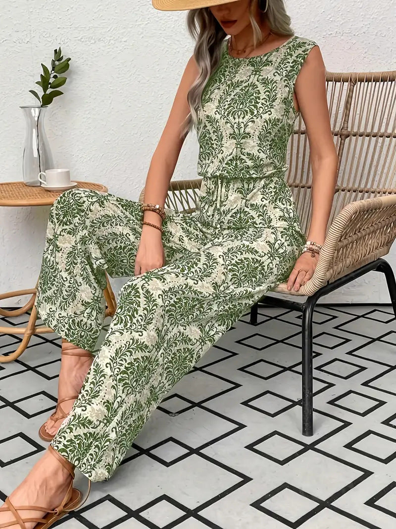 Womens Printed Sleeveless Top And Wide-Leg Pants Set
