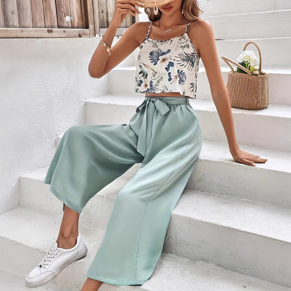 Womens Casual Printed Top And Tie-Front Pants Set