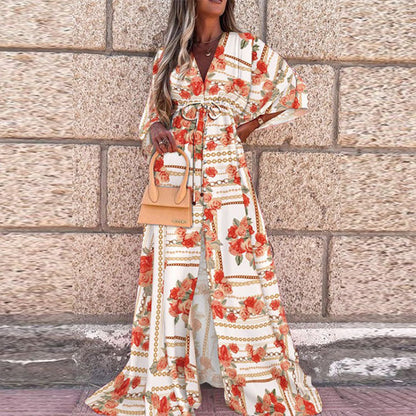 Vibrant V-Neck Lace-Up Maxi Dress by Sophie Laurie