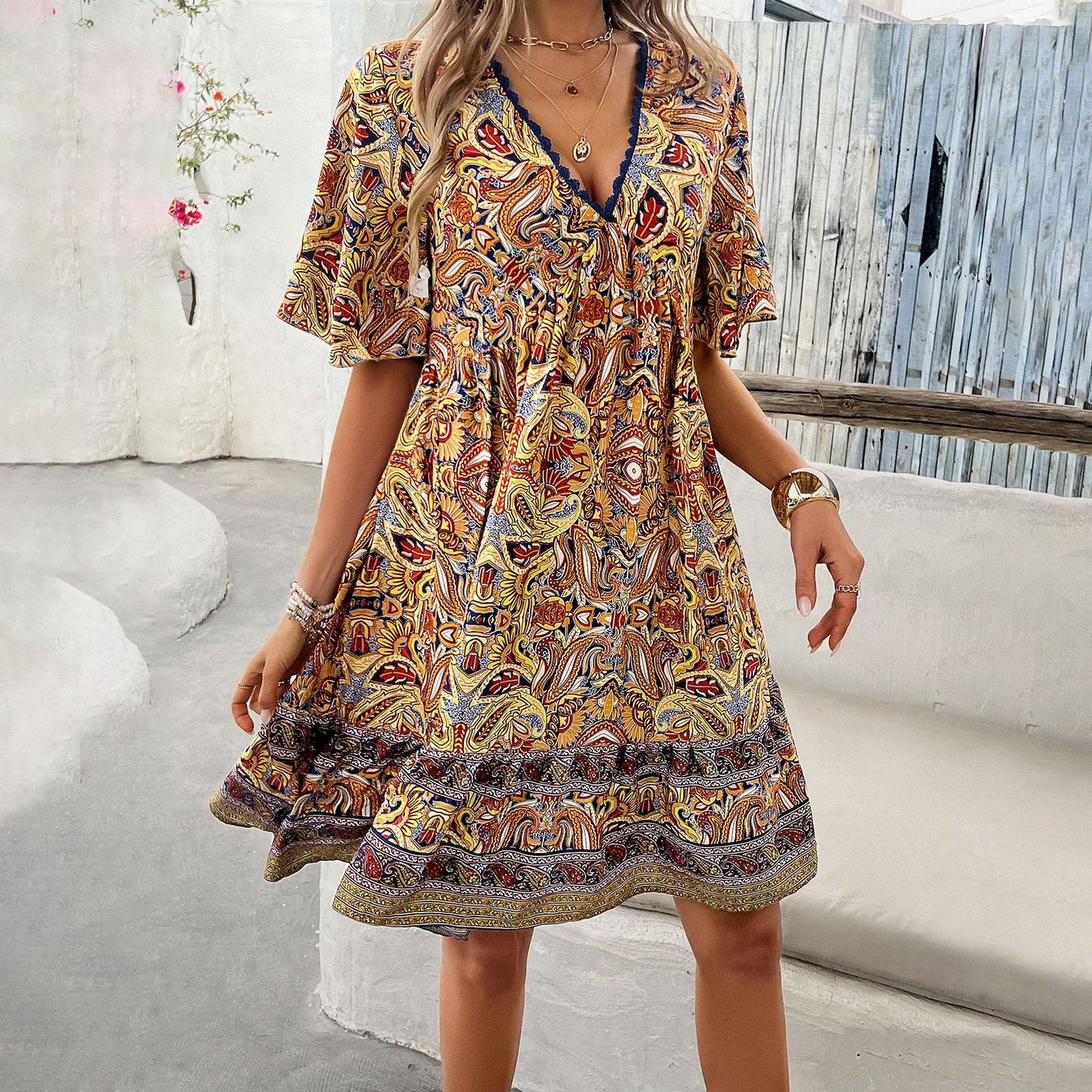 Boho Printed V-Neck Dress by Sophie Laurie